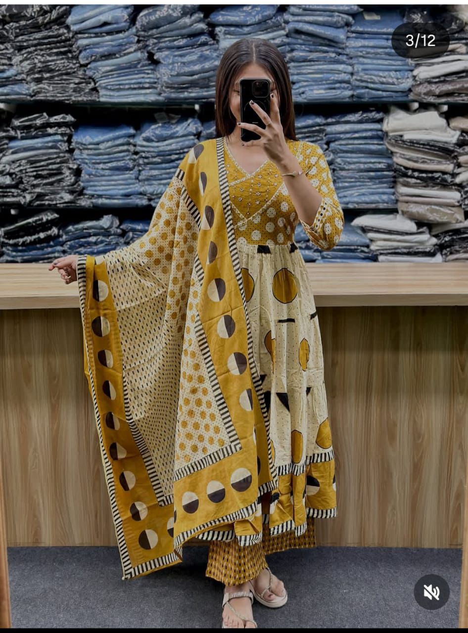 Women's Printed Cotton Anarkali Kurta Pant Dupatta Set with Sequence Work