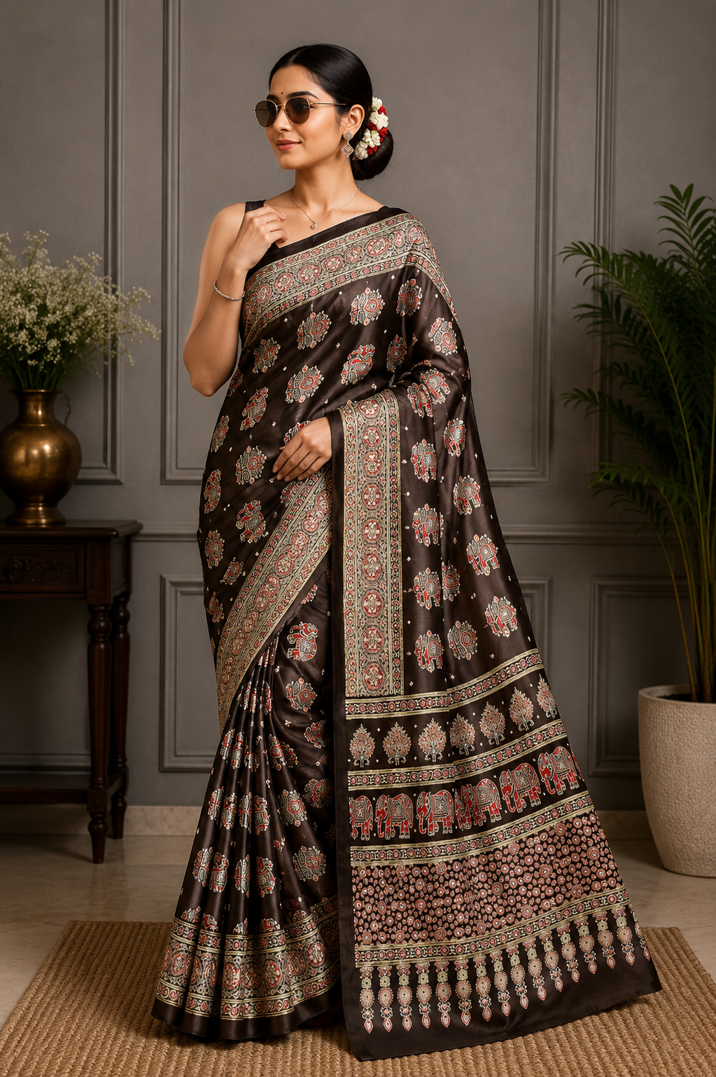 Elegant Ajrakh Pure Gajji Bandhej Soft Silk Saree With Mirror Work