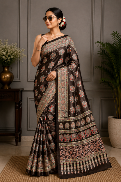 Elegant Ajrakh Pure Gajji Bandhej Soft Silk Saree With Mirror Work