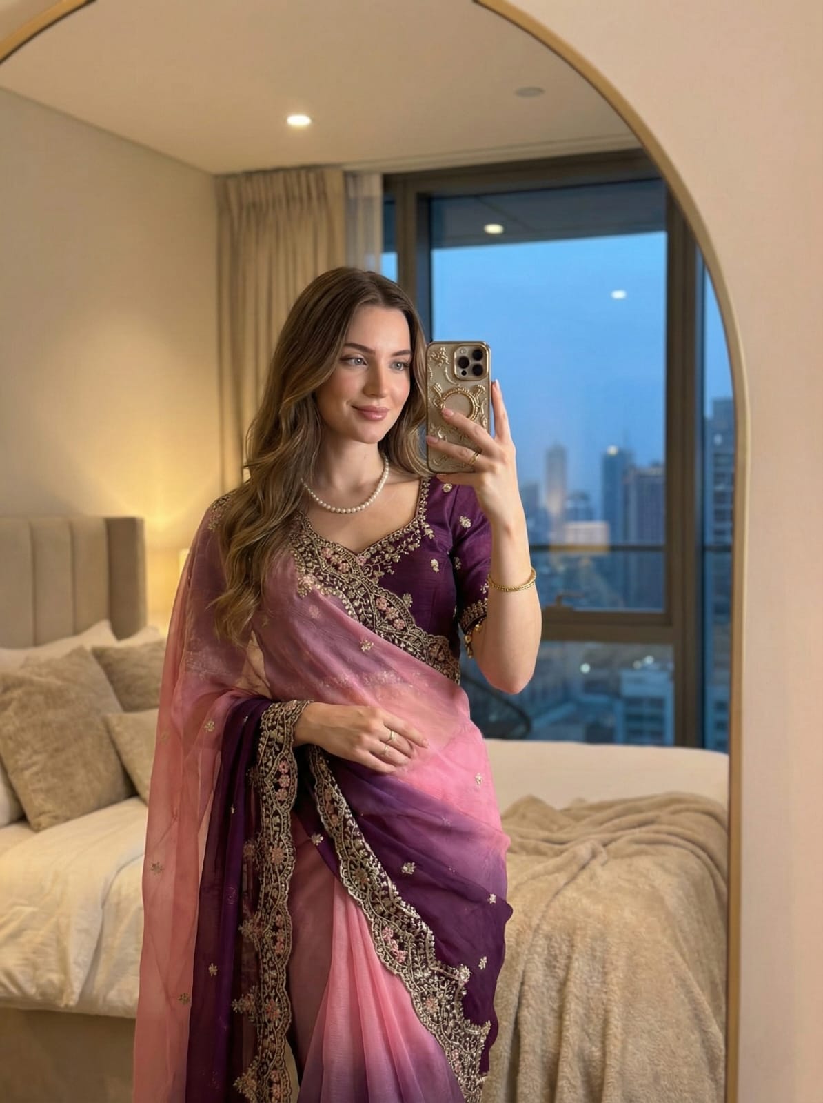 Shipra Moss Embroidery Saree With Stitched Blouse