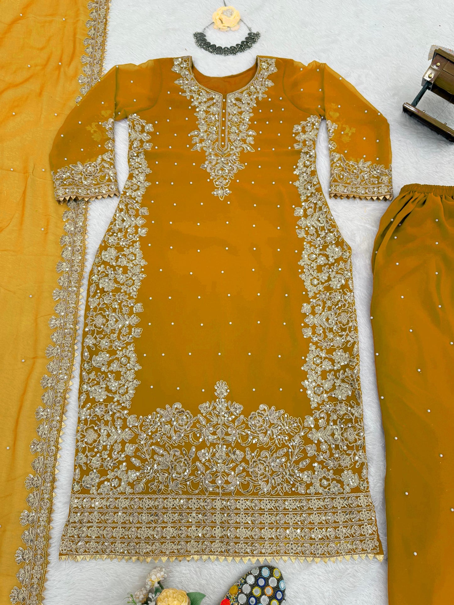 Premium Faux Georgette Embroidered Kurta Plazzo Set with Dupatta | Festive & Party Wear | 3 Colours