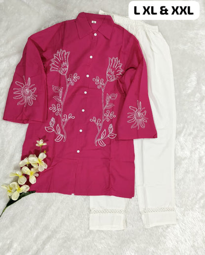 Premium Cotton Embroidered Cord-Set for Women – Designer Shirt Top with Pant (Purple & Pink)