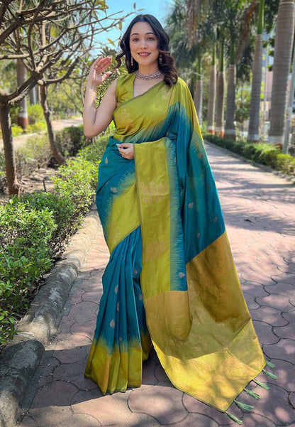 Olive Green & Teal Zari Work Saree
