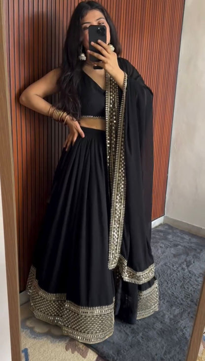 Black Faux Georgette Sequins Lehenga Choli Set