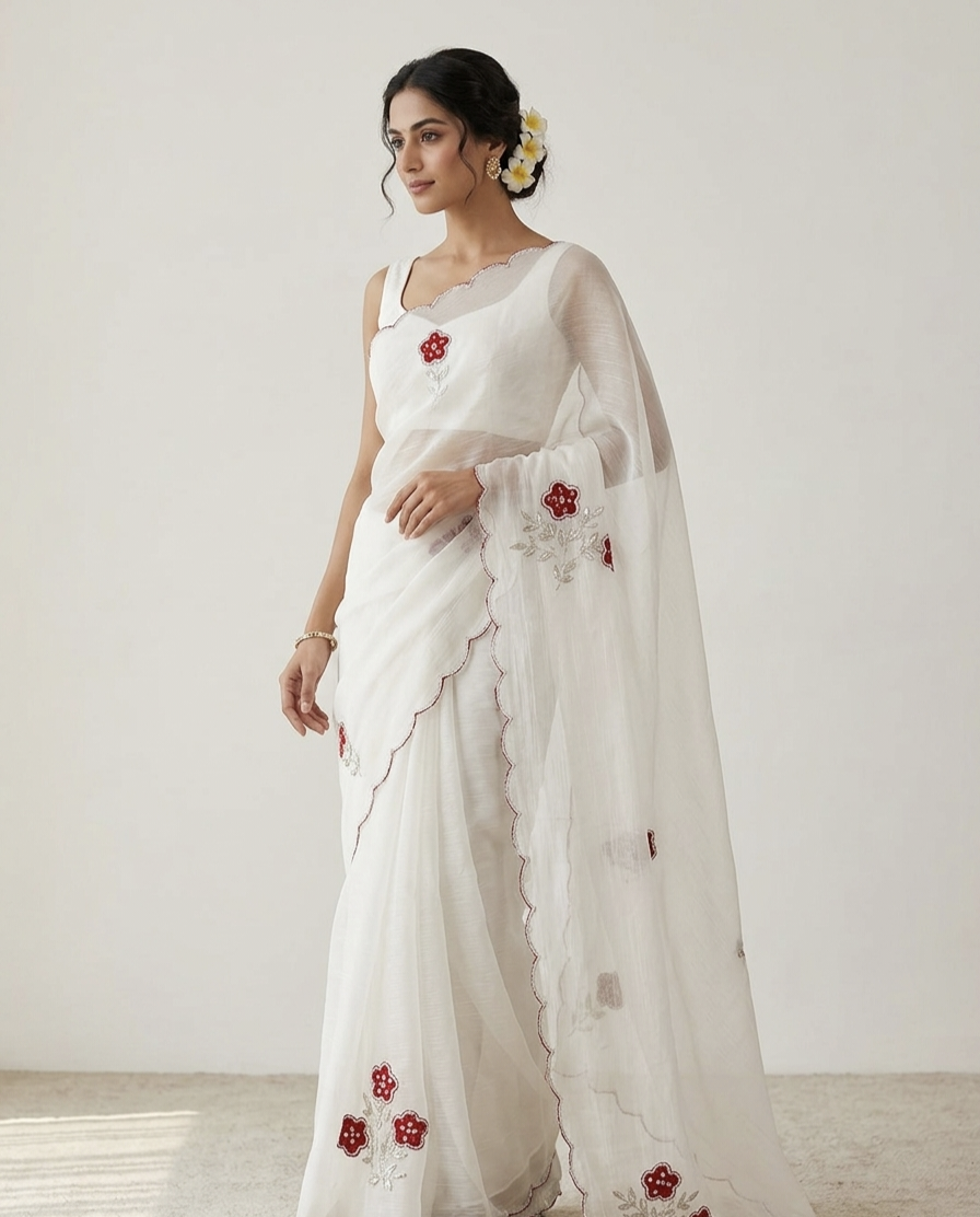 Elegant White Embroidered Organza Saree with Floral Work