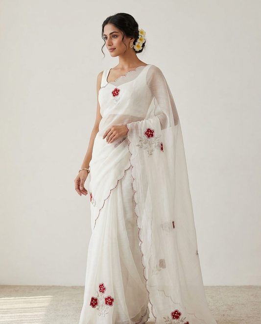 Elegant White Embroidered Organza Saree with Floral Work