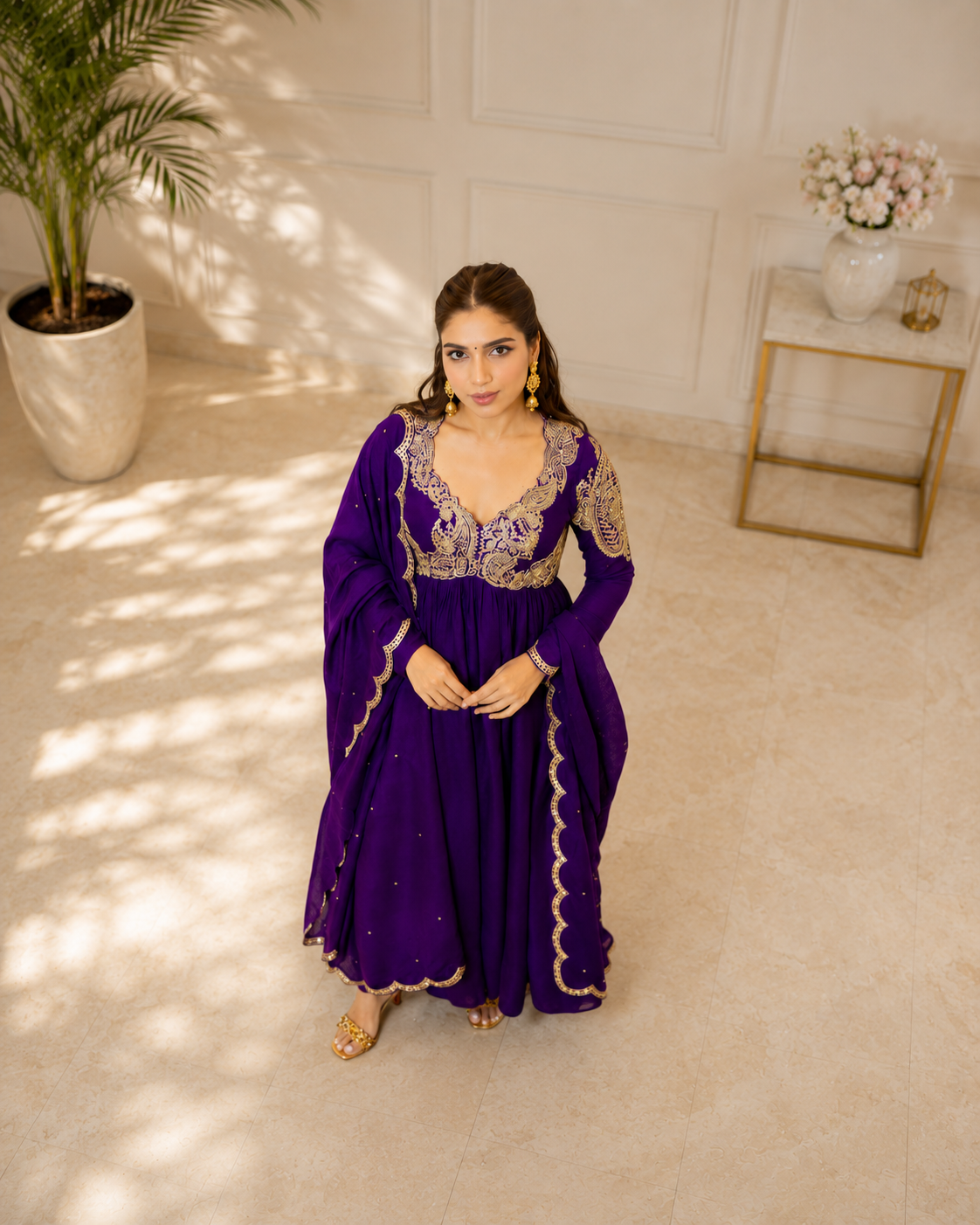 Designer Chinon Silk Anarkali Gown with Embroidered Dupatta – Festive Wear
