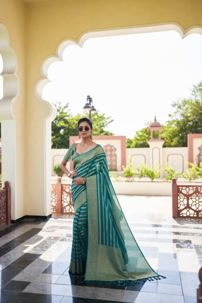 Teal Green Striped Zari Work Saree