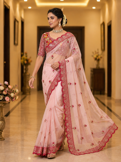 Soft Butterfly Net Saree with Sequins & Multi Thread Embroidery | Full Stitch Blouse