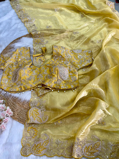 Elegant Crystal Crush Tissue Saree – Designer Embroidered Party Wear