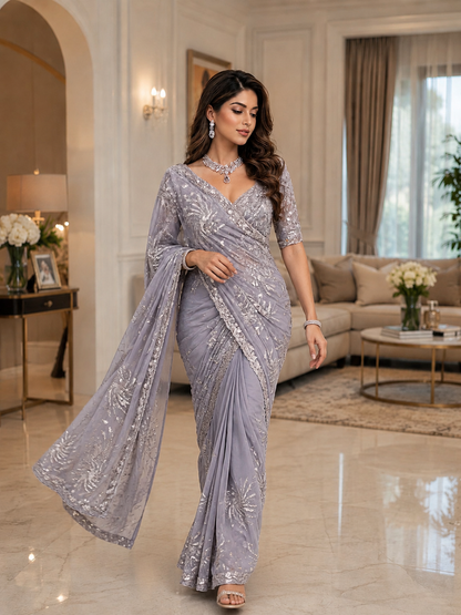 Premium Butterfly Soft Net Saree With Multi Sequence & Thread Embroidery