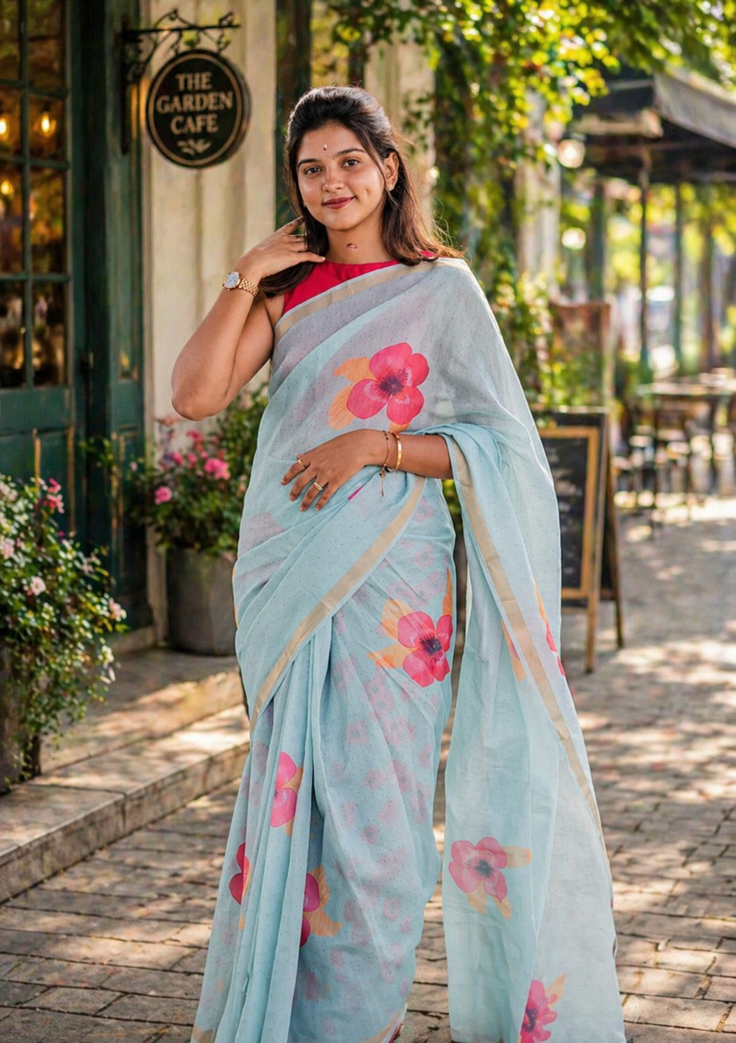 Flower Linen Saree – Soft Lightweight Floral Printed Designer Saree with Blouse