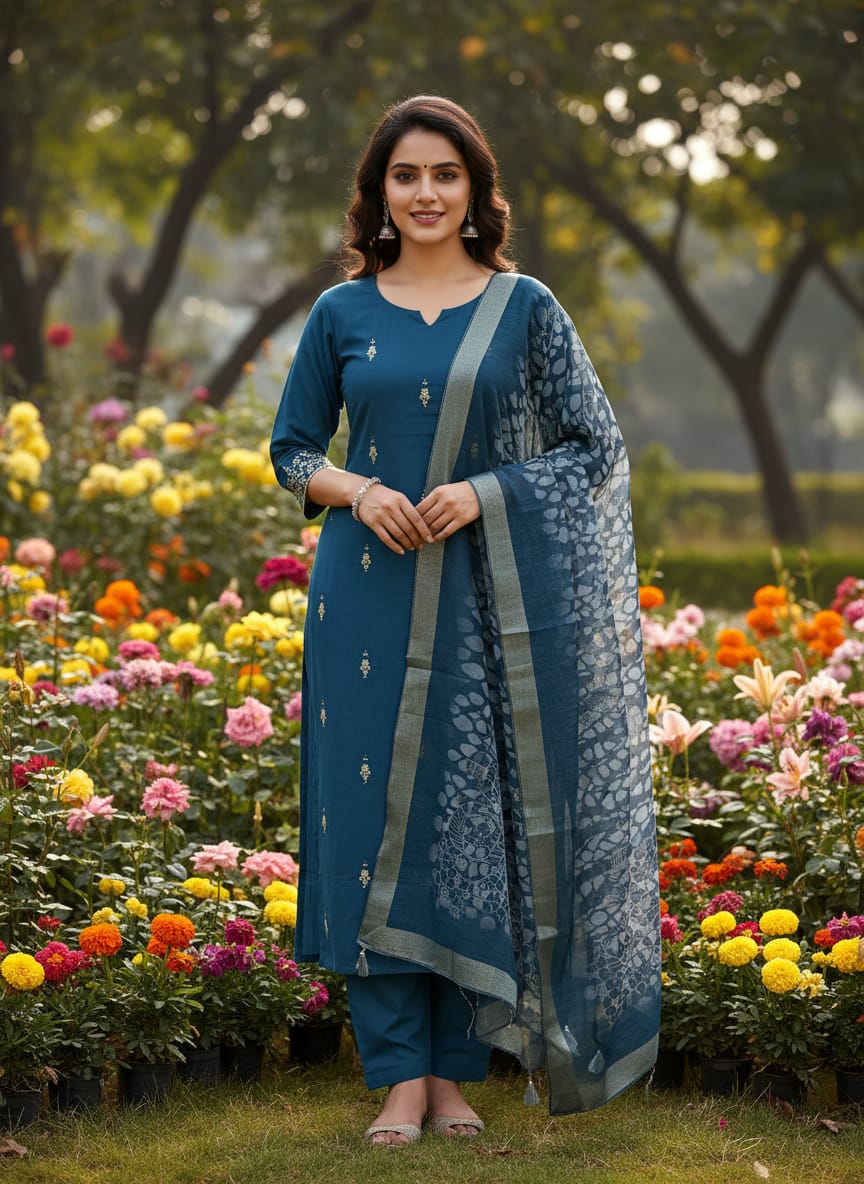 Premium Roman Silk Kurti Pant Set with Digital Print Dupatta – Festival Wear Designer Suit