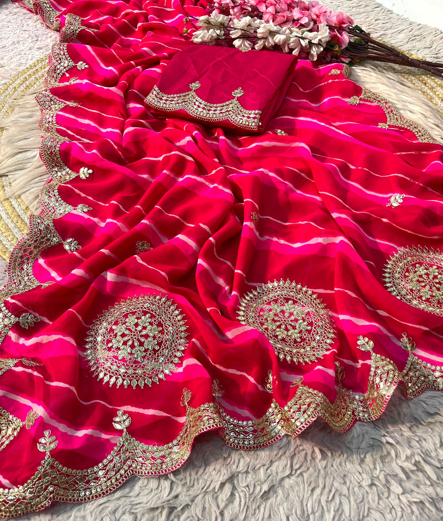 Traditional Leheriya Georgette Saree with Heavy Foil Gota Work & Cutwork Border