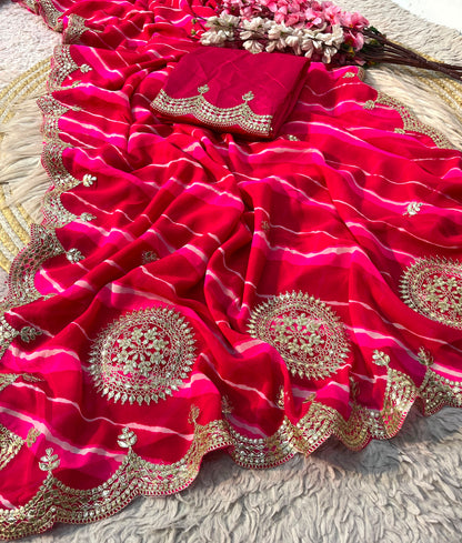 Traditional Leheriya Georgette Saree with Heavy Foil Gota Work & Cutwork Border