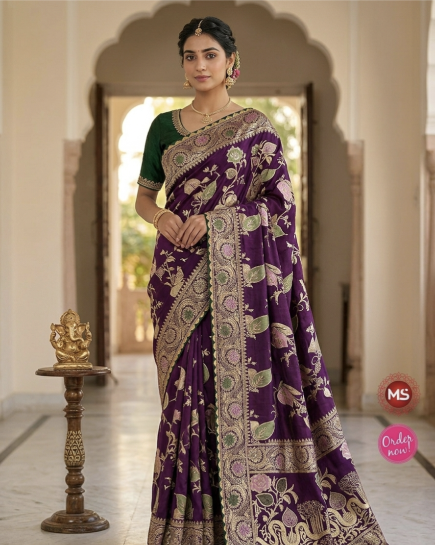 Premium Silk Blend Saree with Rich Zari Woven Design – Royal Festive Wear