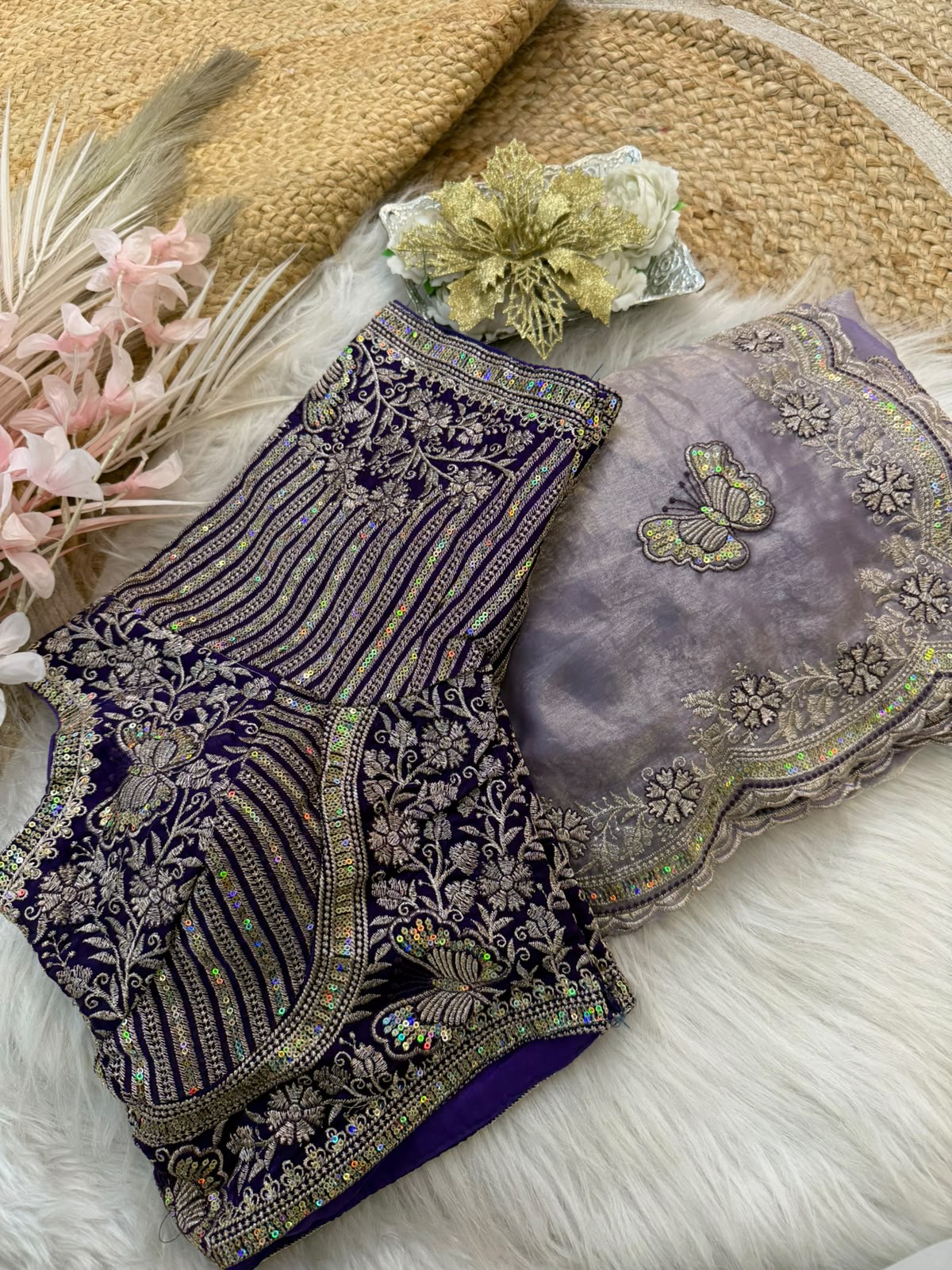 Sabyasachi Inspired Space Silk Saree with Butterfly Embroidery & Stitched Blouse