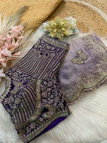 Sabyasachi Inspired Space Silk Saree with Butterfly Embroidery & Stitched Blouse