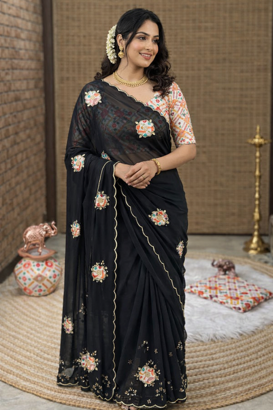 Heavy Star Georgette Saree with Mirror Work & Digital Print Designer Blouse