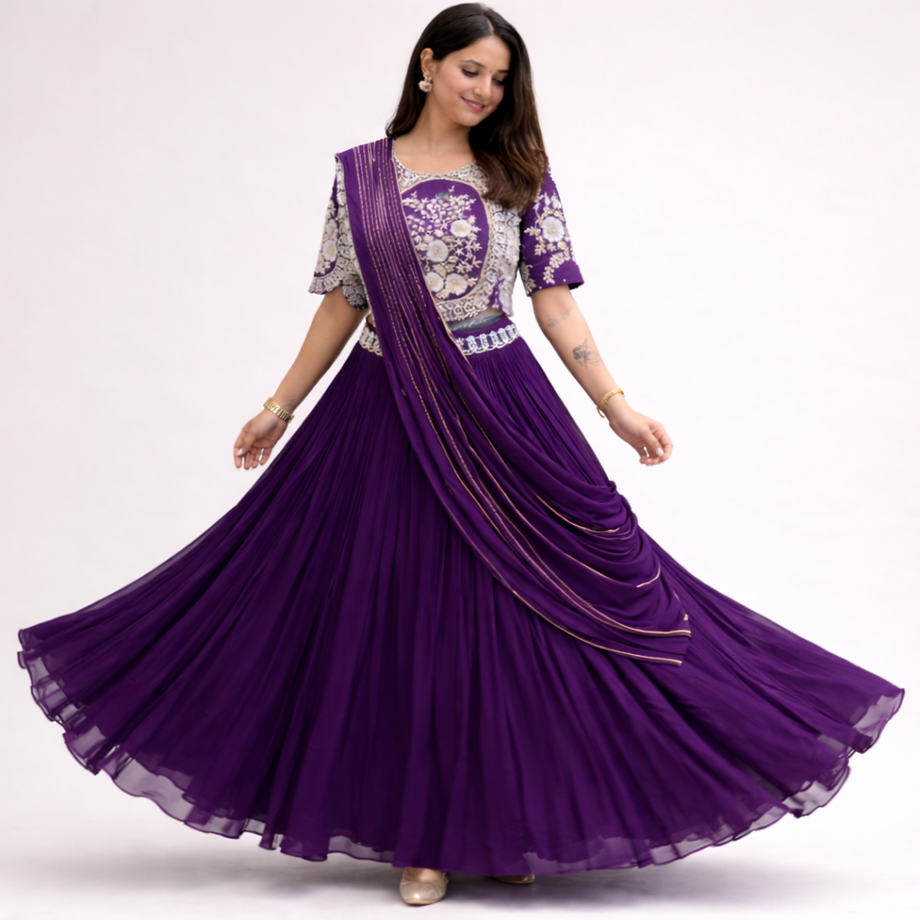 Designer Chinon Embroidery Lehenga Saree with Stitched Blouse & Dupatta