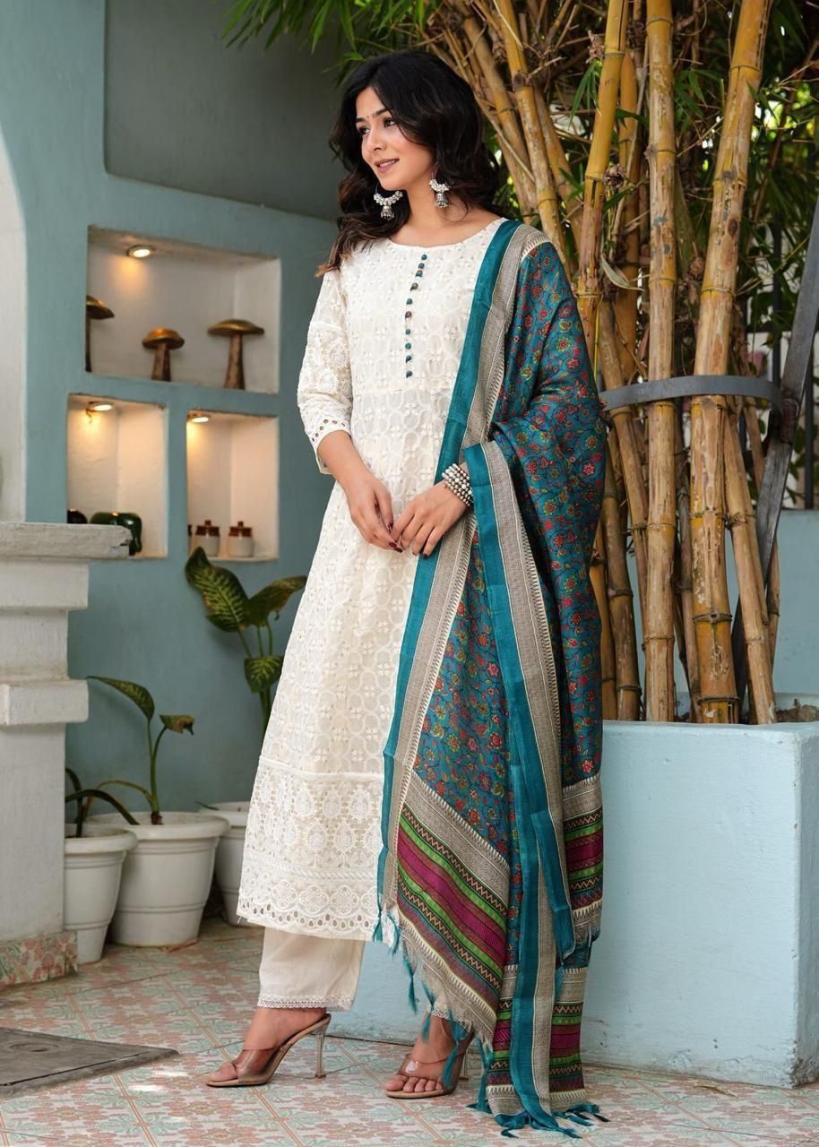 Pure Chikankari Cotton Anarkali Kurti Pant Dupatta Set – Summer Collection