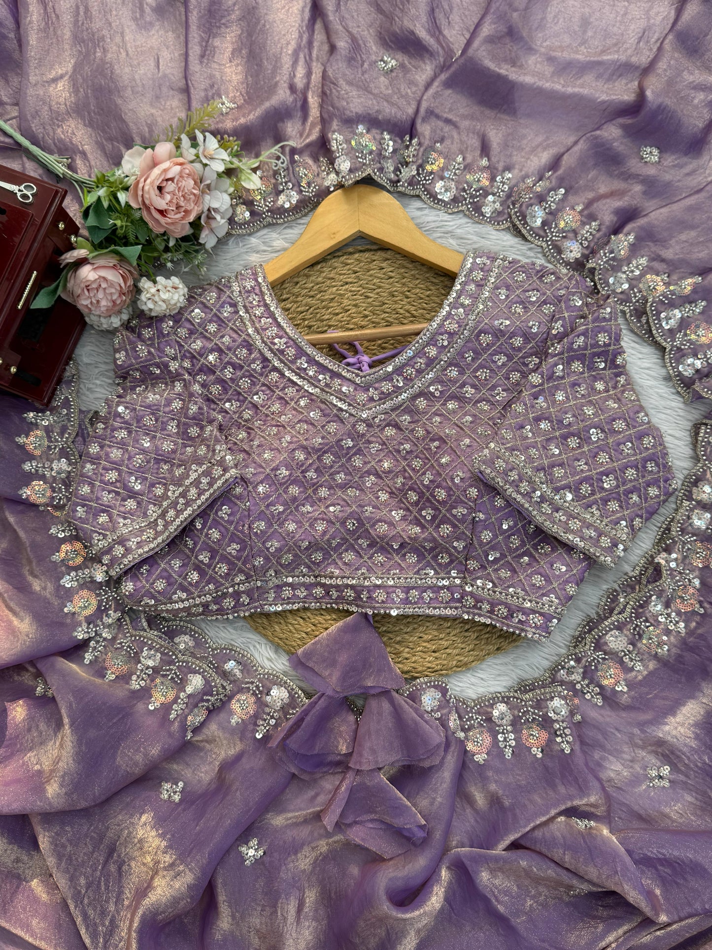 Women Lavender Fendy Silk Heavy Beads & Sequins Embroidered Designer Saree