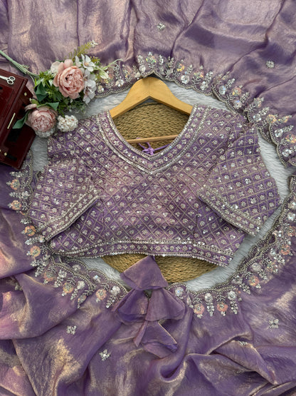 Women Lavender Fendy Silk Heavy Beads & Sequins Embroidered Designer Saree