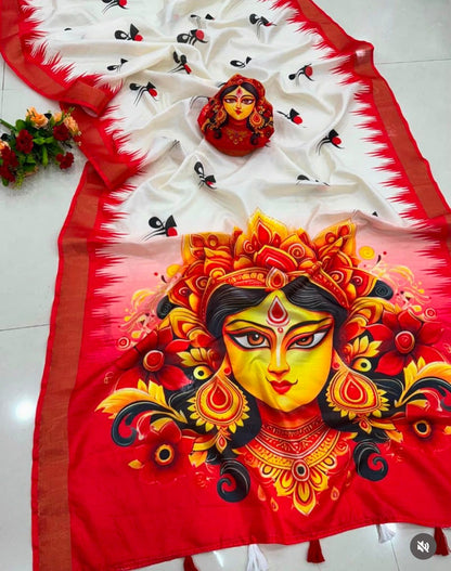 Durga Puja Special Handloom Tussar Saree with Heavy Printed Pallu & Blouse