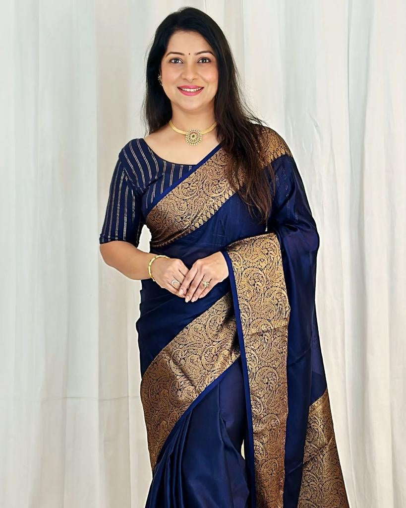Navy Blue Silk Saree with Gold Border