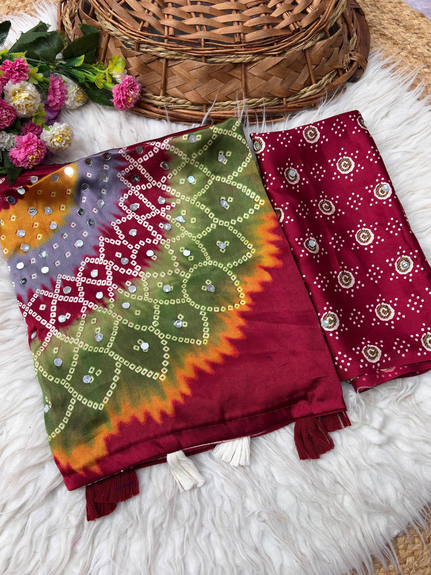 Premium Japan Satin Mirror Work Saree with Tassel Pallu