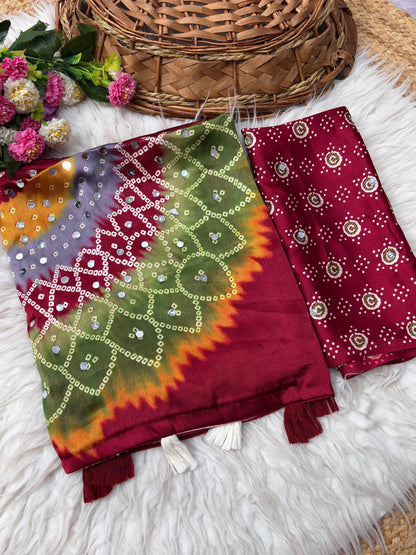 Premium Japan Satin Mirror Work Saree with Tassel Pallu