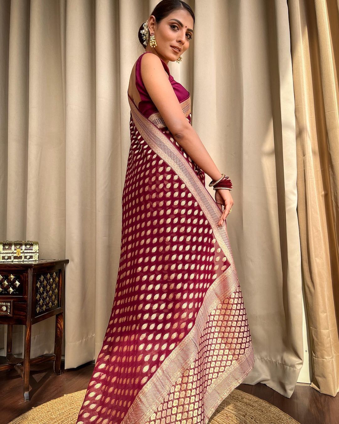 Maroon Gold Buti Saree