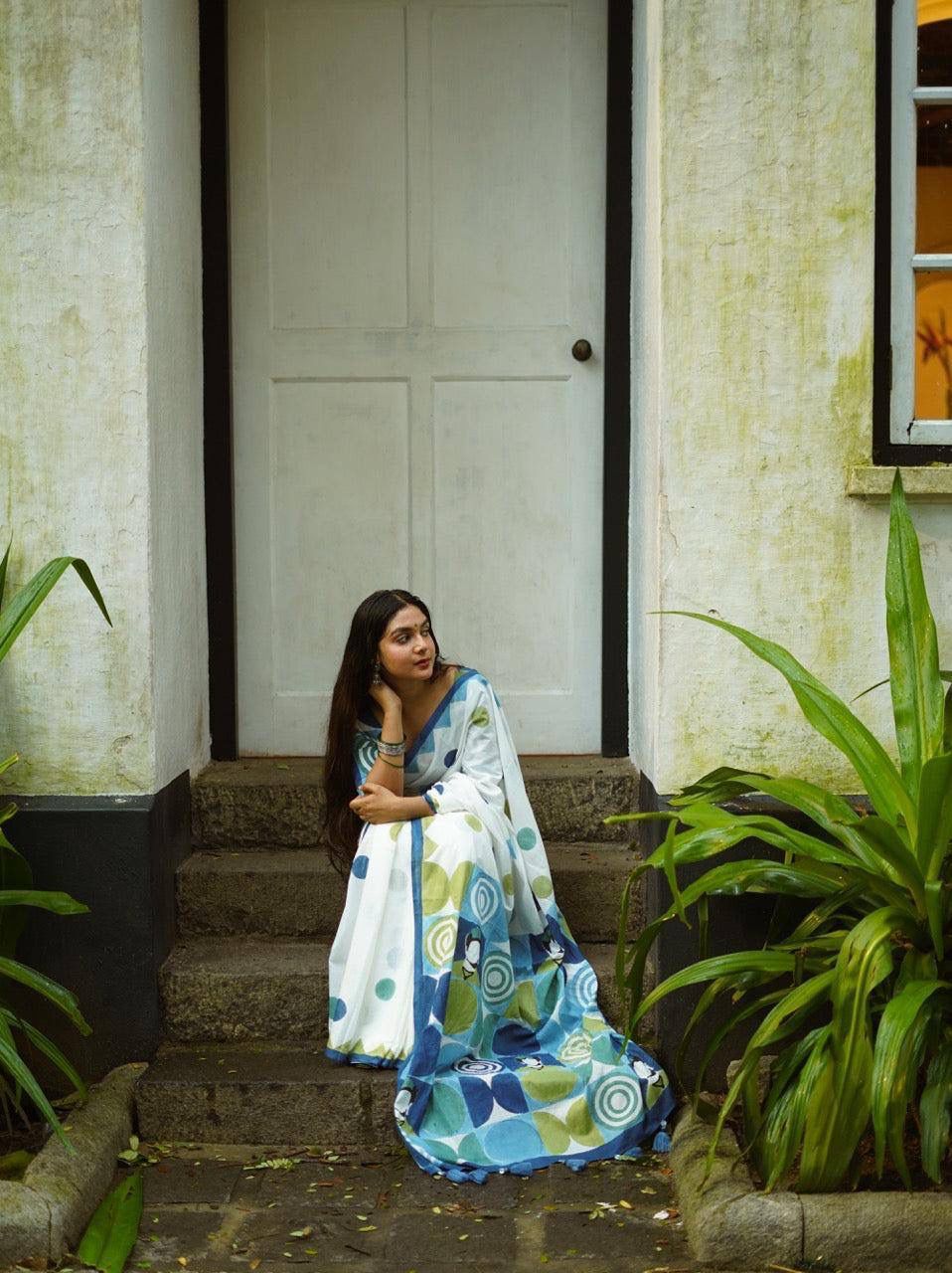 Pure Linen Chanderi Saree with Kalamkari Print & Zari Border