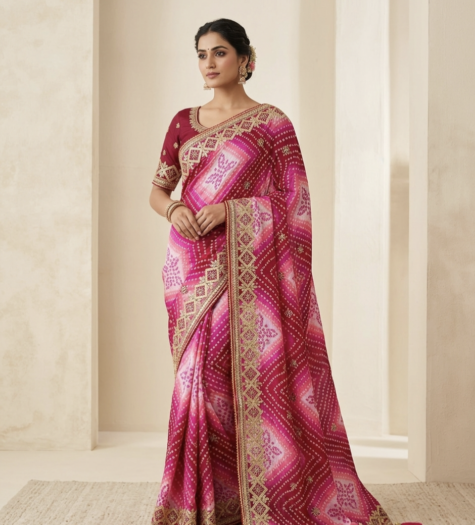 Designer Bandhej Print Saree with Rich Zari Border & Tassel Pallu – Festive Collection
