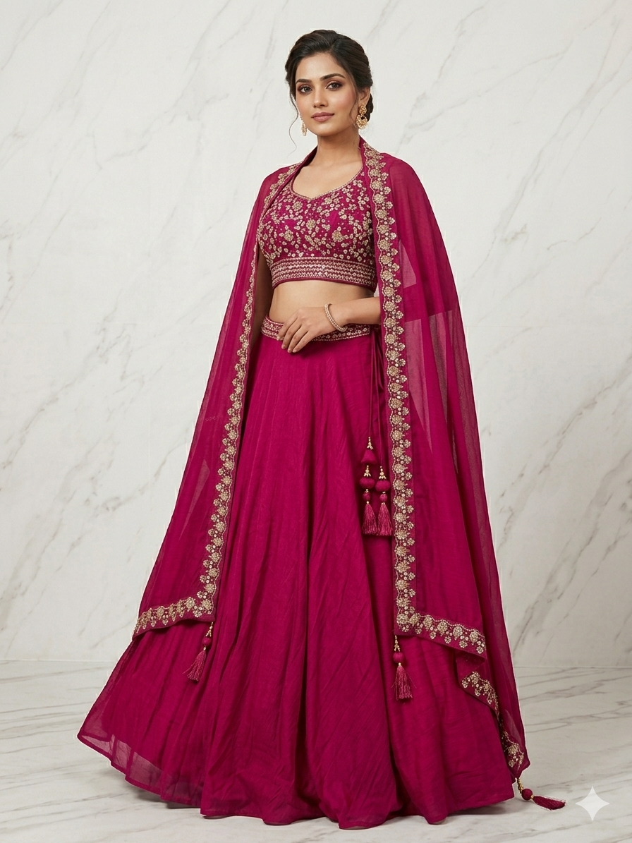 Wedding Special Vichitra Silk Lehenga Choli with Heavy Embroidery & Shrug Style Dupatta