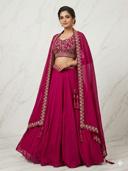 Wedding Special Vichitra Silk Lehenga Choli with Heavy Embroidery & Shrug Style Dupatta