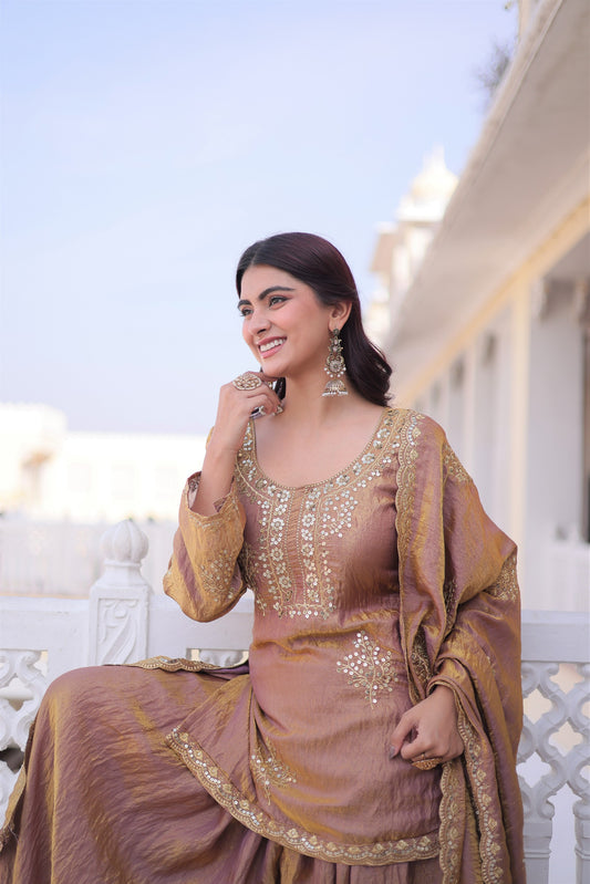 Premium Designer Fendi Crush Top Sharara Dupatta Set with Zari & Sequins Work – Mehendi Green & Copper Brown