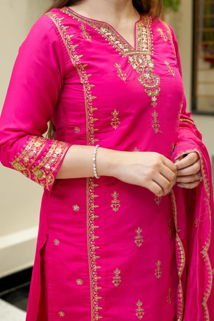 Festival Special Chanderi Embroidered Kurti Set with Dupatta