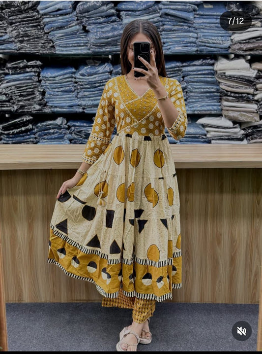 Women's Printed Cotton Anarkali Kurta Pant Dupatta Set with Sequence Work