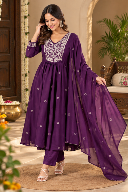 Women’s Mul Chanderi Anarkali Suit Set with Pant & Dupatta | Floral Thread Embroidery | 3 Piece Ethnic Wear