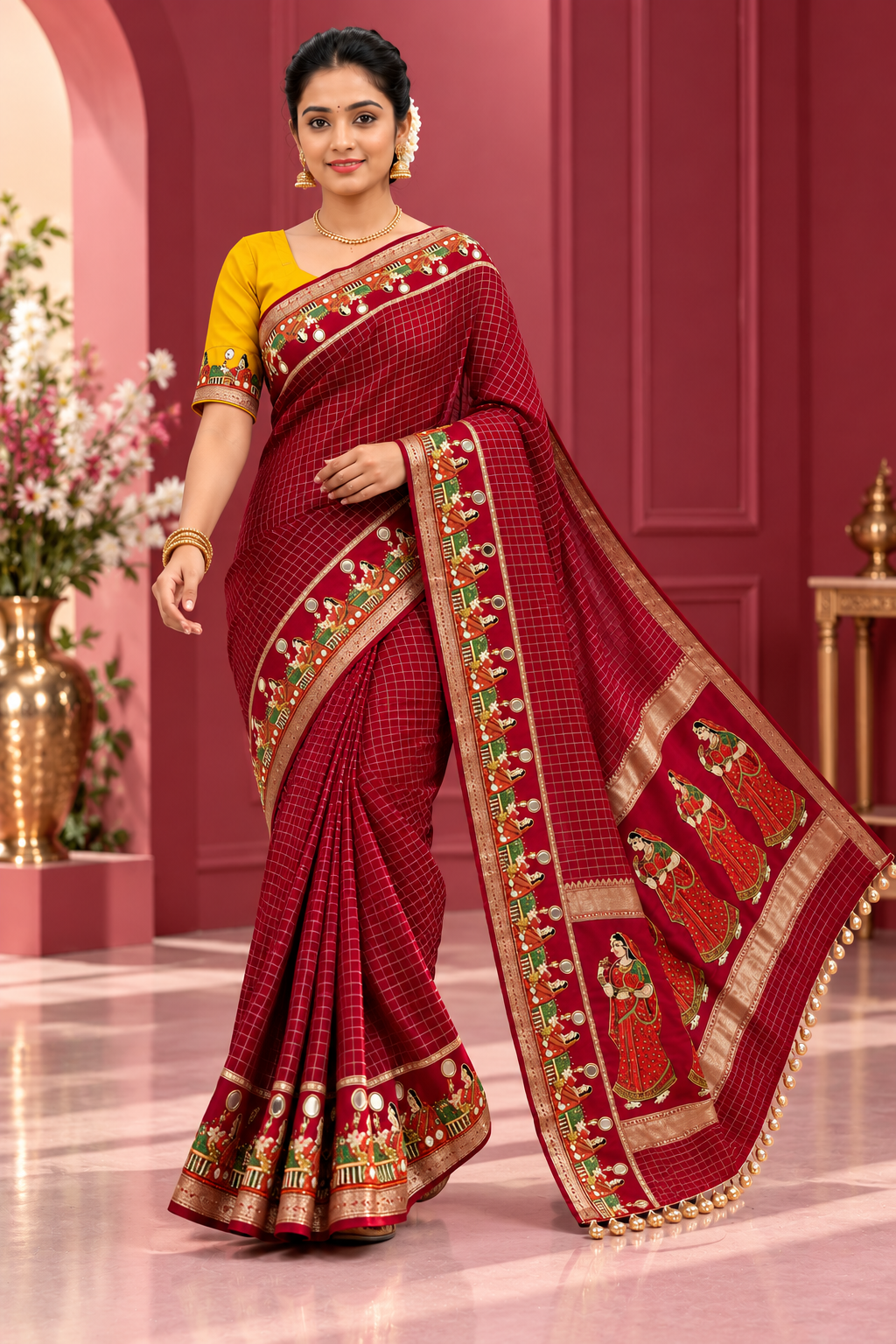 Karwa Chauth Special Viscose Checks Saree with Zari & Mirror Work Satin Border