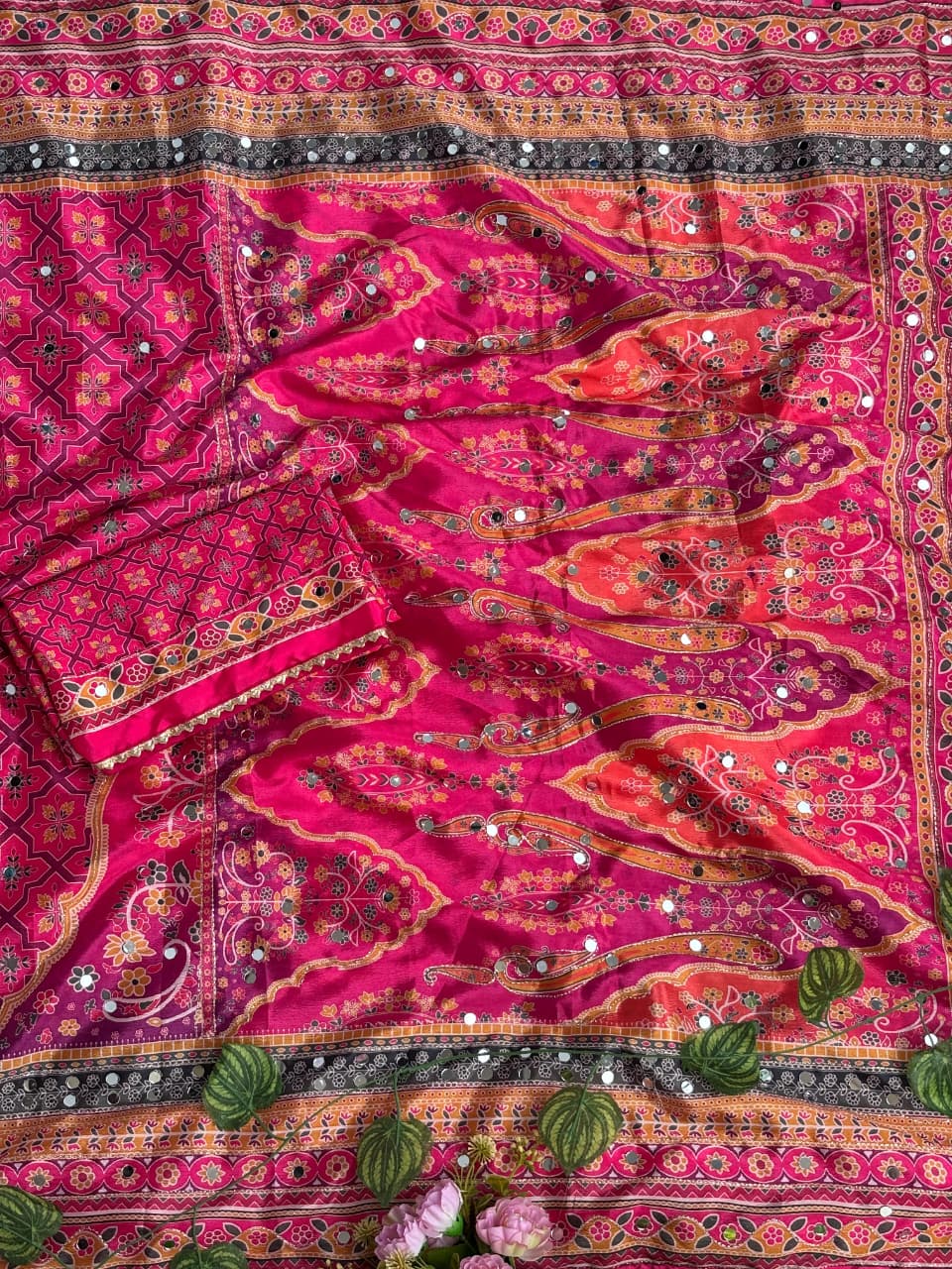 Karigari Soft Chinon Silk Digital Print Saree with Hand Aari Work & 2000+ Real Mirror Work