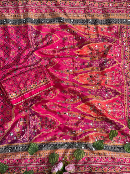 Karigari Soft Chinon Silk Digital Print Saree with Hand Aari Work & 2000+ Real Mirror Work