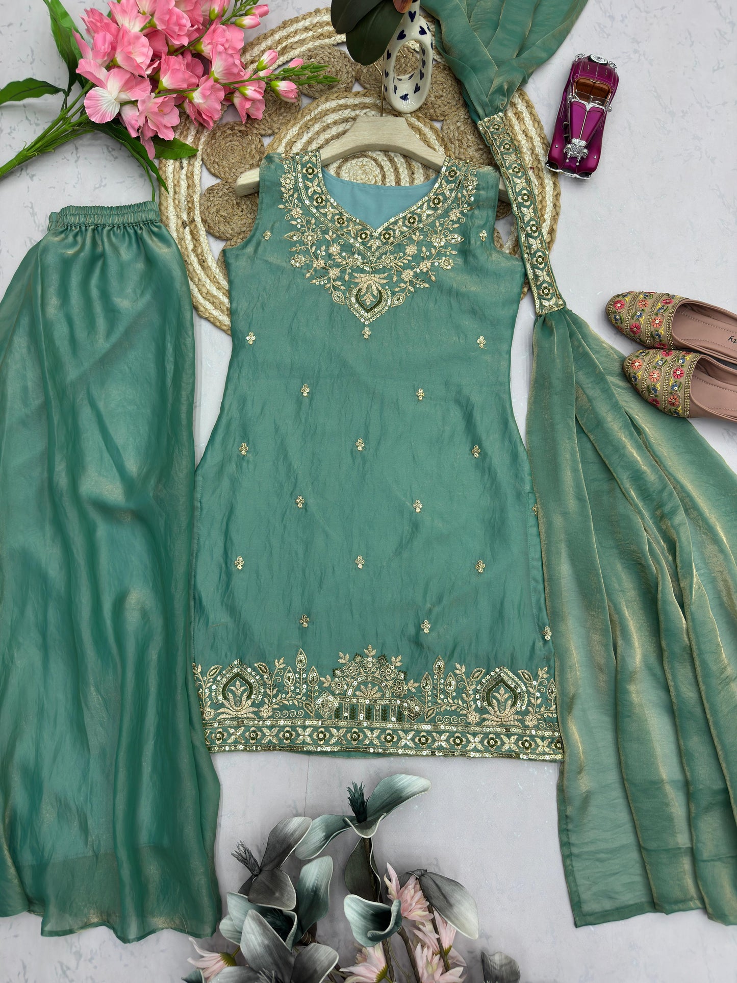 Heavy Two Tone Fendy Silk Sharara Suit With Embroidery Sequins Work & Dupatta