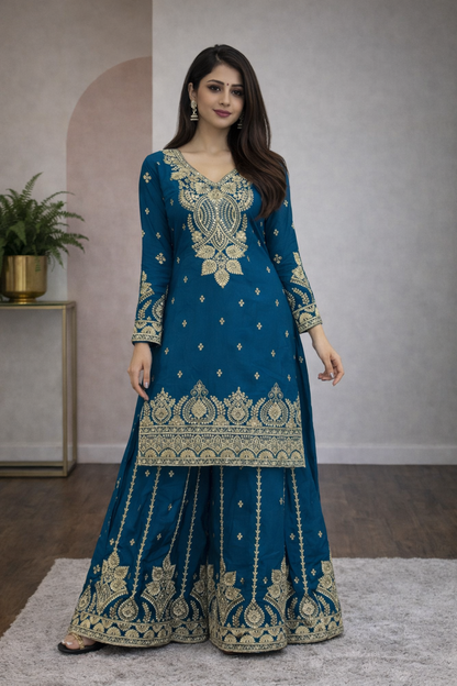 Designer Chinon Embroidery Top Palazzo Set with Dupatta