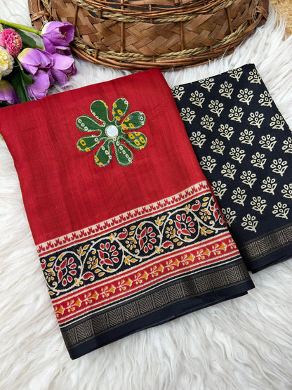 Premium Mul Cotton Printed Saree with Mirror Work & Designer Border