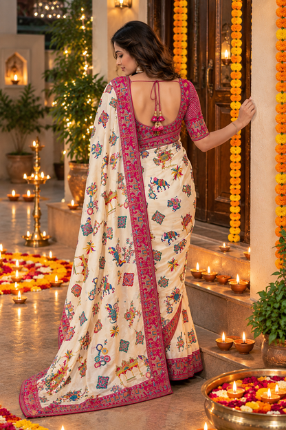 Printed Chinnon Silk Saree with Sequins Embroidery & Banglori Blouse