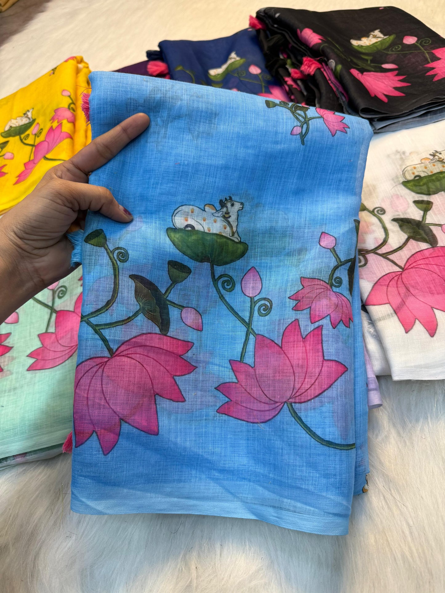 Premium Linen Cotton Floral Print Saree With Tassels & Blouse Piece | Soft Lightweight Daily Wear Saree
