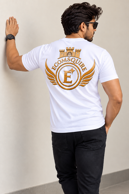 EcomSquire Premium 100% Pure Cotton White T-Shirt with Golden Logo | Trusted by Customers Across the USA