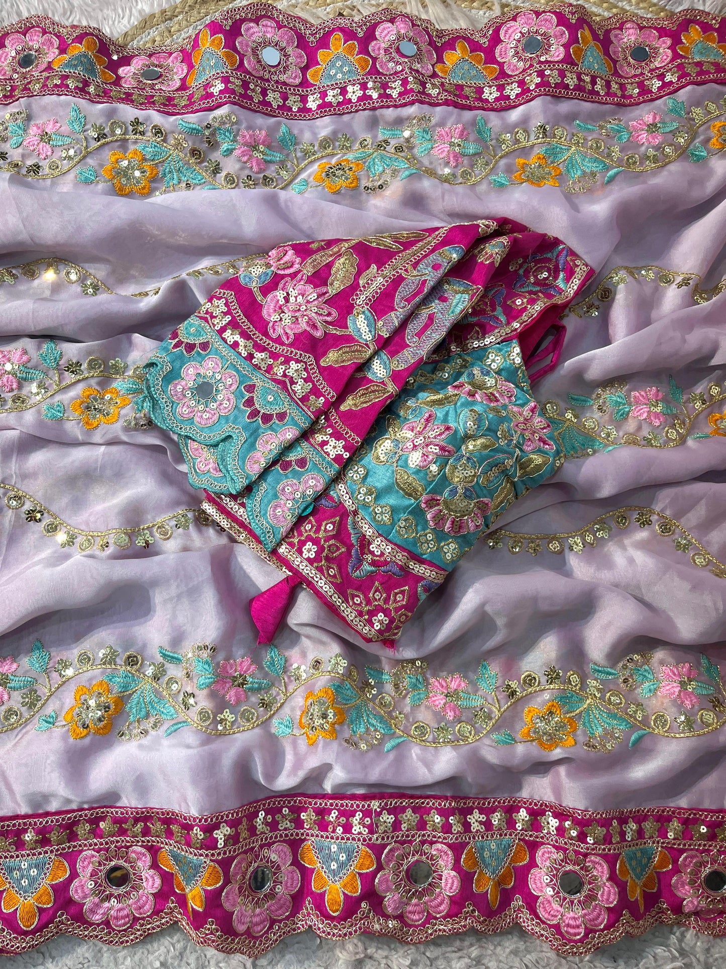 Premium Rangoli Silk Designer Saree with Embroidery & Mirror Work Blouse